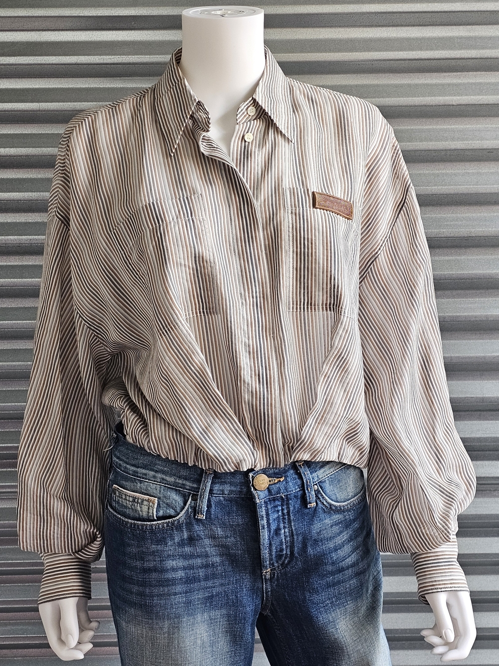 Brunello Cucinelli Brown, Beige, navy White Striped button up Shirt, cotton silk